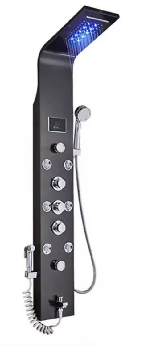 Regendouche - Douchekop - Douchepaneel - 6 in 1 - Regendouche - Waterval douche - Kraan - Bidet - Massage jet - Handdouche - Waterstroom gevoed - Verlichting en LED display - Zwart