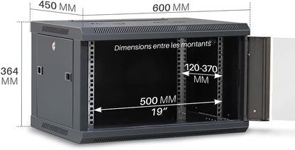 WAYTEX 37401 Netwerkkastlade 19 inch 6U - L 600 x D 450 x 368 mm - aan de muur geleverd of op poten staan - glazen deur met slot - zwart