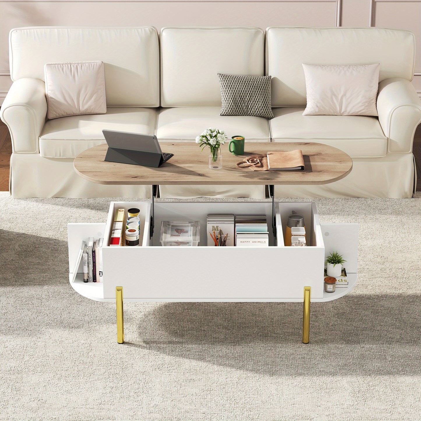 Salontafel Verstelbaar – Koffietafel – Bijzettafel – Opbergtafel – Woonkamertafel – Bamboe Materiaal – 7 Verborgen Vakken – Gouden Poten