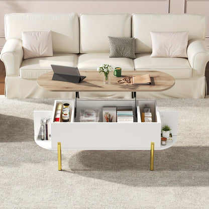 Salontafel Verstelbaar – Koffietafel – Bijzettafel – Opbergtafel – Woonkamertafel – Bamboe Materiaal – 7 Verborgen Vakken – Gouden Poten
