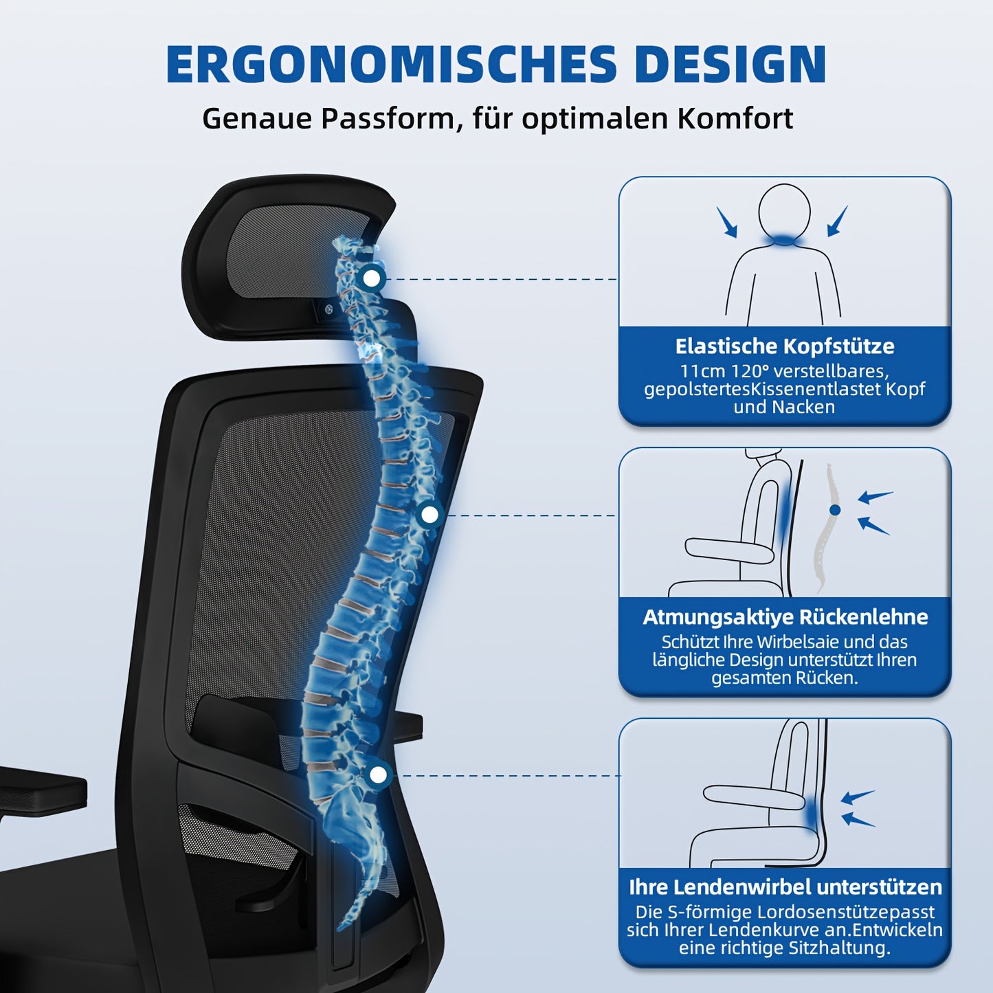 Bureaustoel – Ergonomische Stoel – Office Chair – Draaistoel – Bureaustoelen – Verstelbare Hoofdsteun – Lendensteun – 135° Kantelbaar – Geschikt Tot 180 Kg – Zwart
