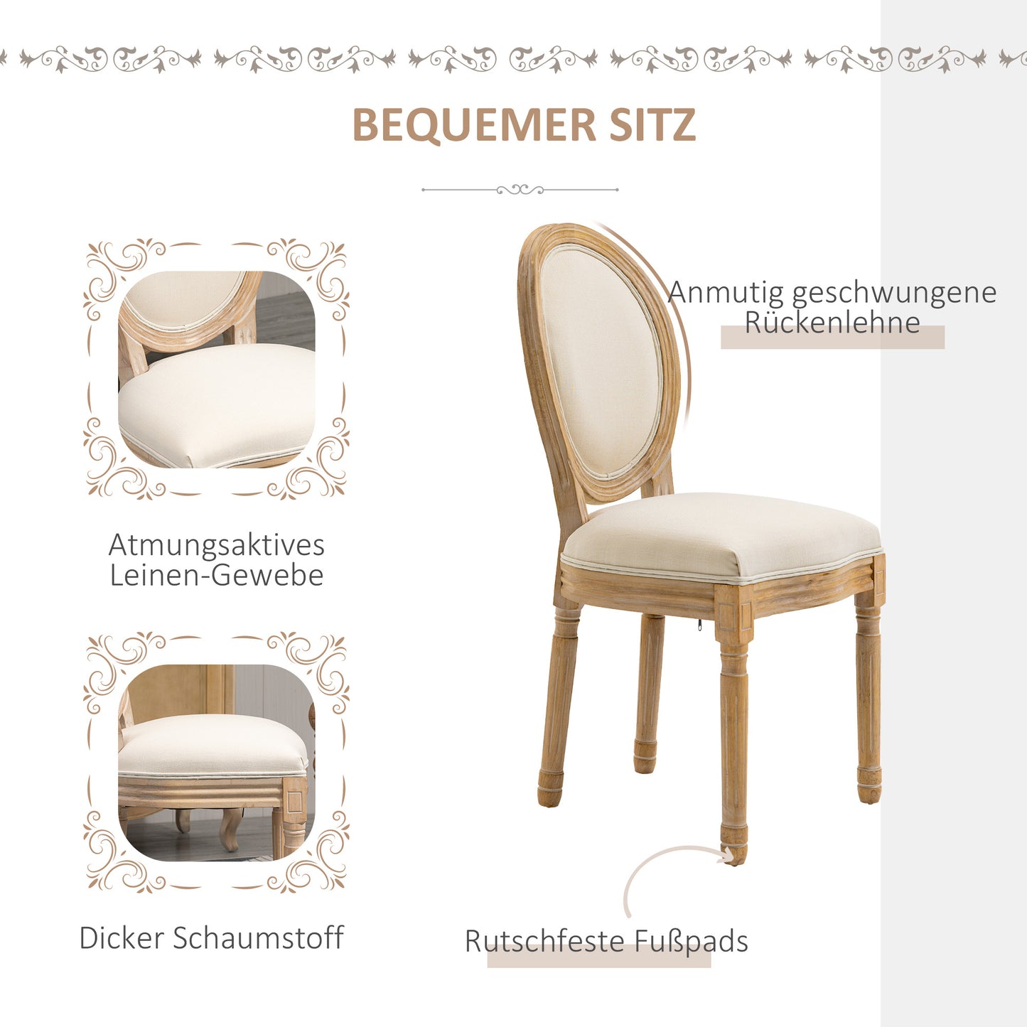 Eetkamerstoel – Keukenstoel – Stoel – Vintage Stoel – Set van 2 – Franse Stijl Met Ronde Rugleuning – Comfortabele Dikke Foam Zitting – Stevig Rubberwood Frame Met Verstelbare Anti-Slip Voetjes
