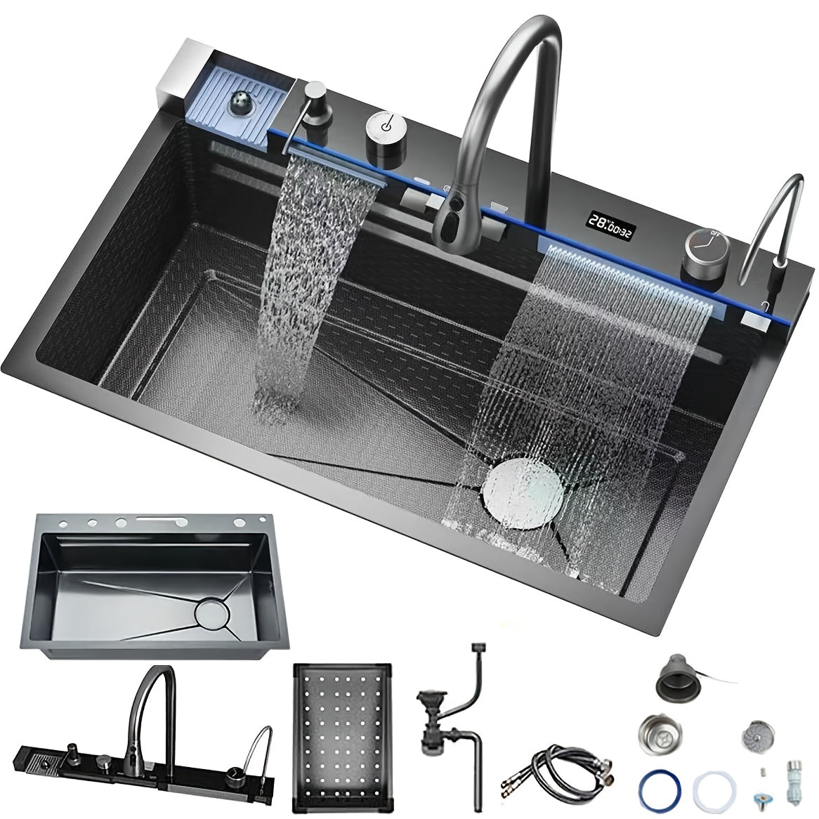 Keukenspoelbak – Spoelbak – Gootsteen – Wasbak – Enkele Kom – Grote Afmeting 68x45x22 cm – RVS Met Nano Coating – Onderbouw Met Rechts Afvoer – Gunmetal Grijs Met Watervalkraan