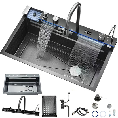 Keukenspoelbak – Spoelbak – Gootsteen – Wasbak – Enkele Kom – Grote Afmeting 68x45x22 cm – RVS Met Nano Coating – Onderbouw Met Rechts Afvoer – Gunmetal Grijs Met Watervalkraan