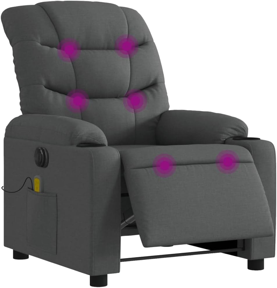 Elektrische Relaxstoel – Fauteuil – Massagestoel – Ligstoel – Wellnessstoel – 6-Punts Trillingsmassage – Stabiel Hout-Metaal Frame – Donkergrijze Stof – Groot Zitvlak – USB Bediening