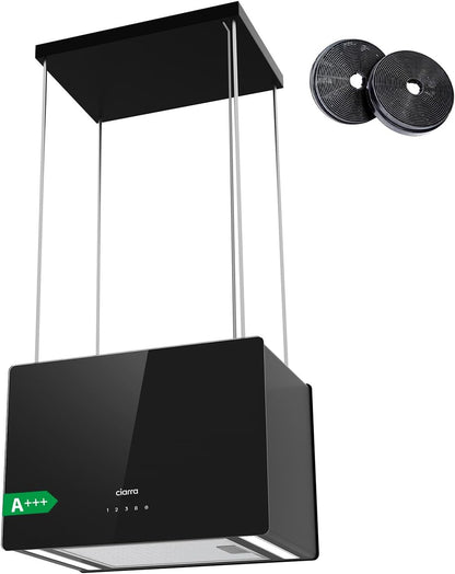 CIARRA CBCB4850 A+++ eilandafzuigkap recirculatie vrijhangend afzuigkap 48 cm 700 m³/u met slimme Wi-Fi app 4 snelheden boostfunctie glazen front inclusief actiefkoolfilter CBCF003 zwart