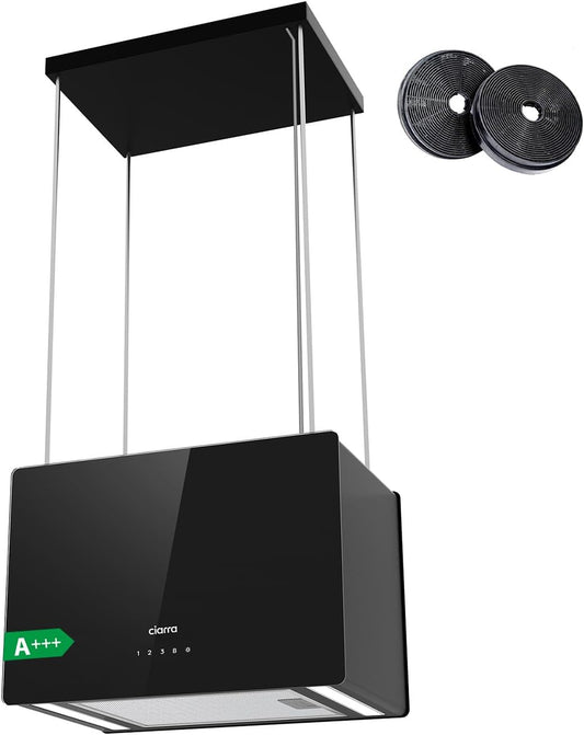 CIARRA CBCB4850 A+++ eilandafzuigkap recirculatie vrijhangend afzuigkap 48 cm 700 m³/u met slimme Wi-Fi app 4 snelheden boostfunctie glazen front inclusief actiefkoolfilter CBCF003 zwart