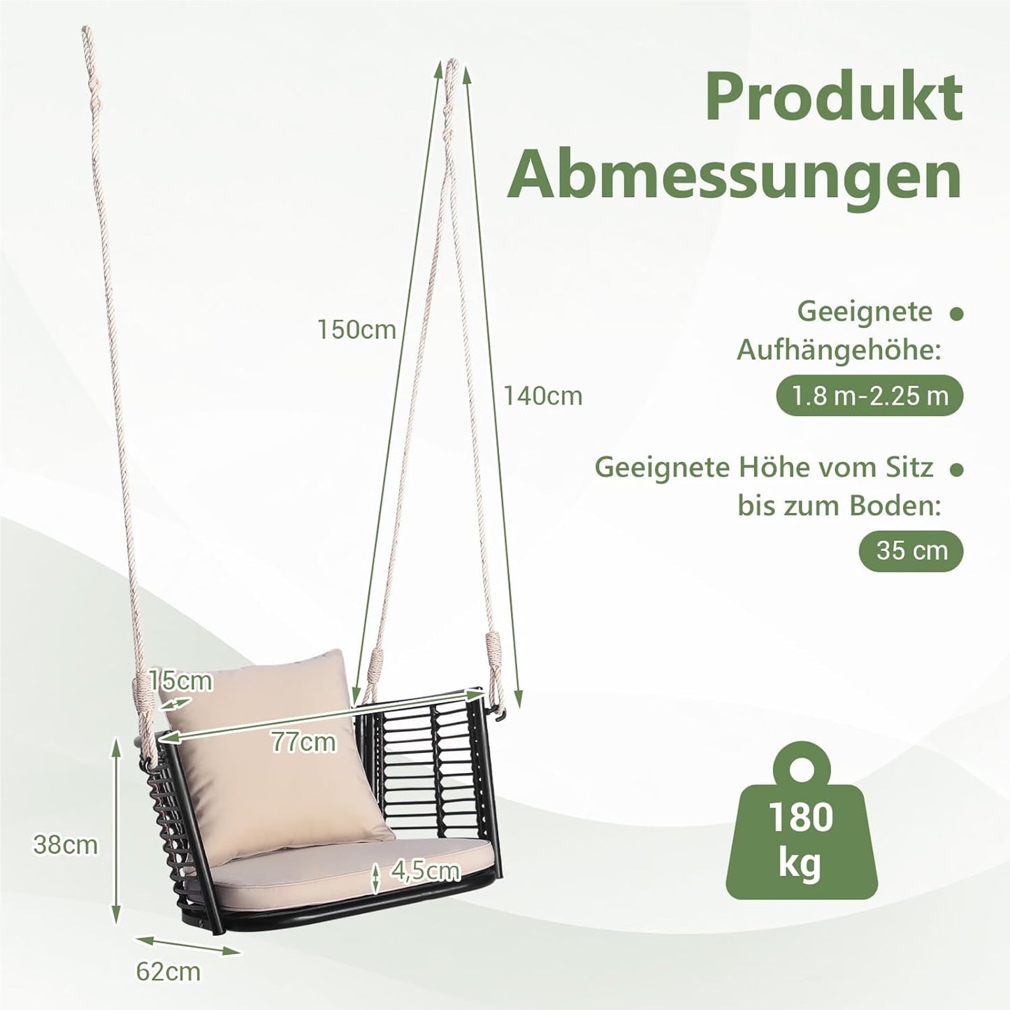 Hangstoel – Hangfauteuil – Schommelstoel – Hangmatstoel – Tuinstoel – Rattan – Met Metalen Frame – Inclusief Kussens – Tot 180 kg Belastbaar – Beige