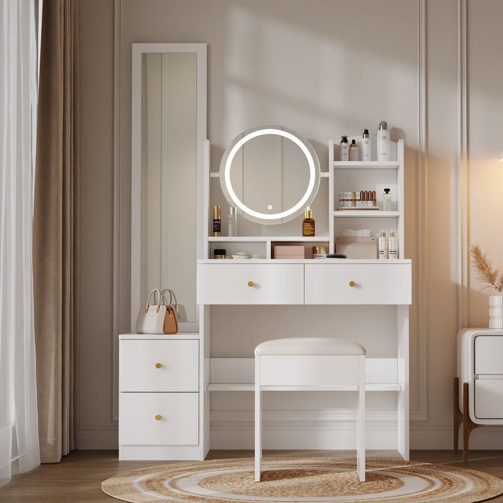 Kaptafel – Make-uptafel – Schminktisch – Dressing Table – Witte 4-in-1 Kaptafel met Spiegel en Kruk – Grote Spiegel en Ruime Opberglades – Compact en Stijlvol Design