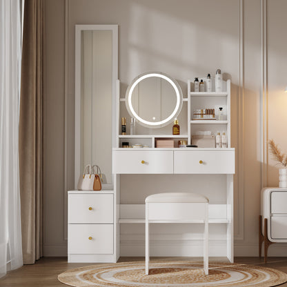 Kaptafel – Make-uptafel – Schminktisch – Dressing Table – Witte 4-in-1 Kaptafel met Spiegel en Kruk – Grote Spiegel en Ruime Opberglades – Compact en Stijlvol Design