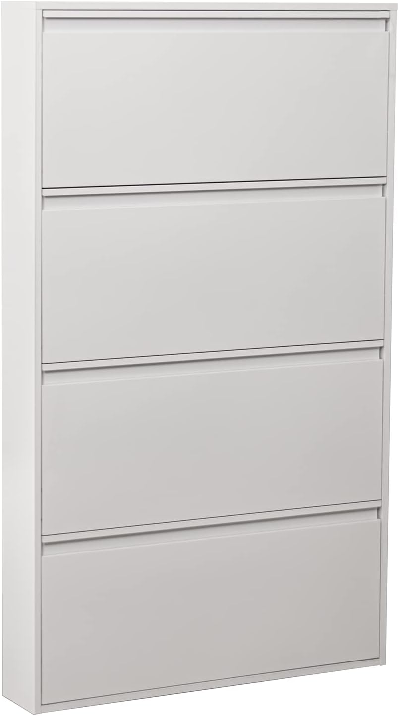 DRW Schoenenkast met 4 schuifladen van metaal in wit, 80 x 15 x 136 cm