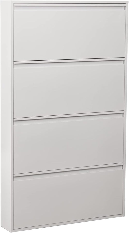 DRW Schoenenkast met 4 schuifladen van metaal in wit, 80 x 15 x 136 cm
