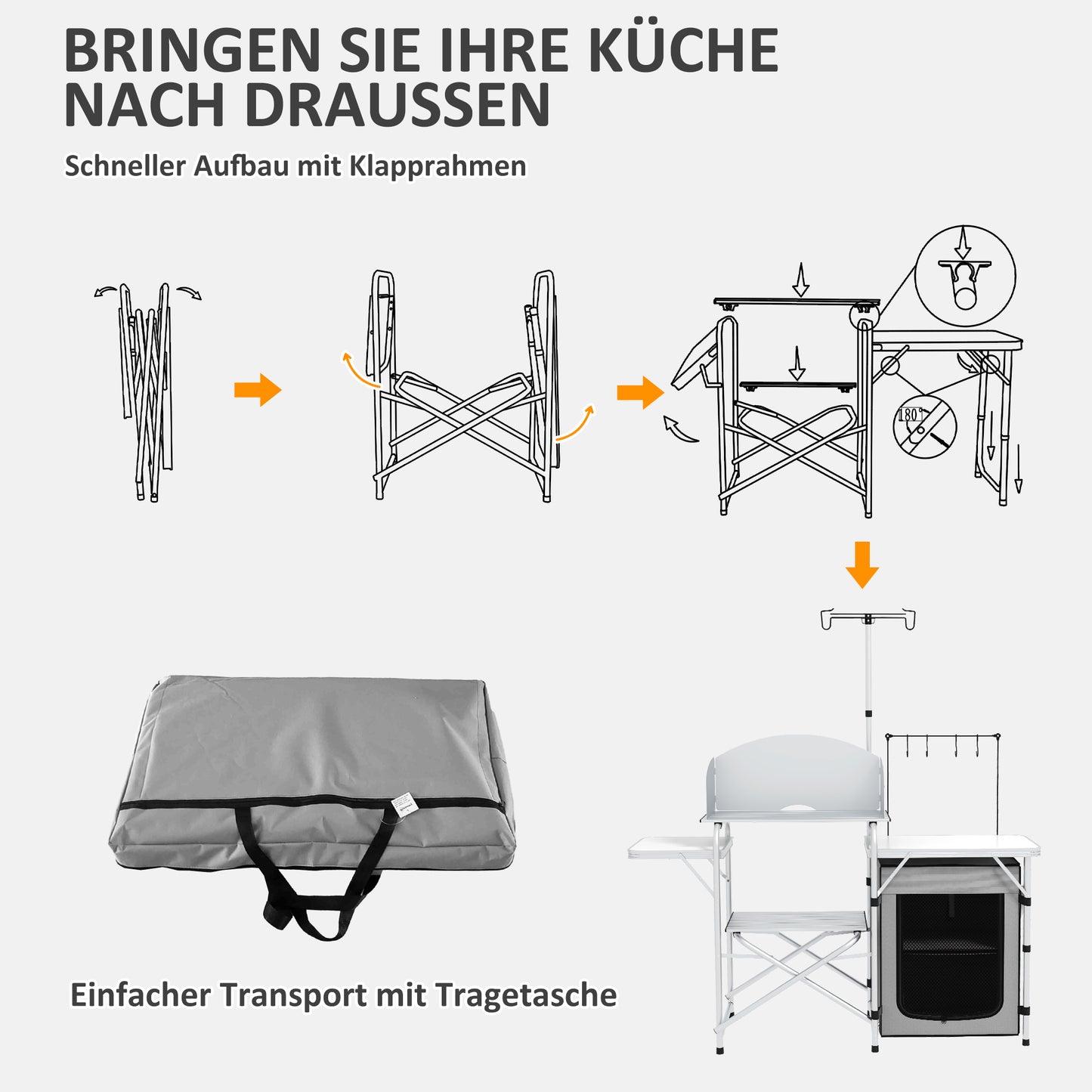 Campingkast – Campingkeuken – Kampeermeubel – Opvouwbare Kast – Outdoor Keuken – 3 Werkbladen – Windscherm – Stoffen Kast – 144x48x119 cm – Metaal Frame