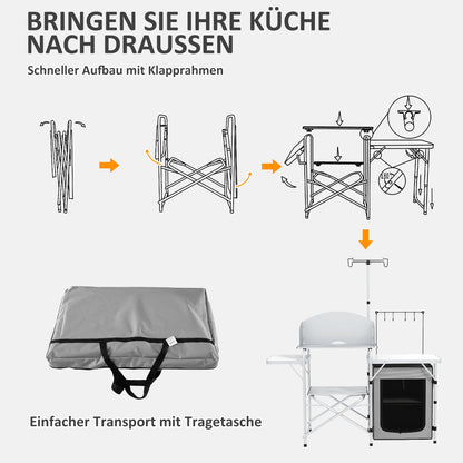 Campingkast – Campingkeuken – Kampeermeubel – Opvouwbare Kast – Outdoor Keuken – 3 Werkbladen – Windscherm – Stoffen Kast – 144x48x119 cm – Metaal Frame