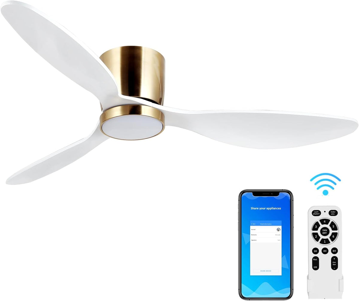 reiga Witte plafondventilator met ledverlichting en afstandsbediening, Ø 132 cm, energiebesparende DC-motor, stil, 3 kleurtemperaturen, 3-vleugels, houten plafondventilator voor slaapkamer, woonkamer