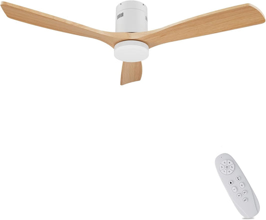 Houten plafondventilator met ledlicht, 24 W, stil, DC motor, 38 W, plafondventilator, hout, diameter 132 cm, afstandsbediening met geheugenfunctie, zomer/winterfunctie, 6 snelheden