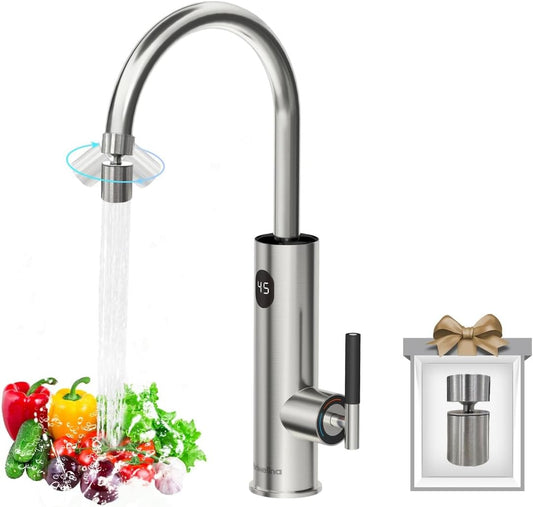 Elektrische waterkraan, 220 V, waterkraan met doorstroomboiler, 360 graden roteren en digitaal display, warmwaterkraan met universele sproeikop (zilver)