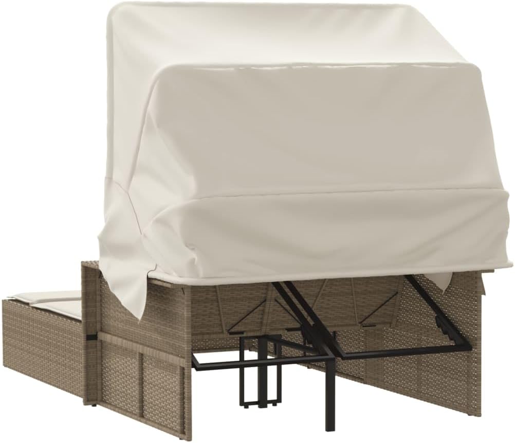 Outdoor Lounger with Retractable Roof and Padded Cushions, Adjustable Backrest in 2 Positions, Durable and Washable PE Rattan Material, for Garden or Patio - QUORE