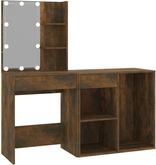 vidaXL Dressing table with cupboard wood smoked oak, dressing table with LED, dressing table with mirror, bedroom furniture, dressing table, dressing table