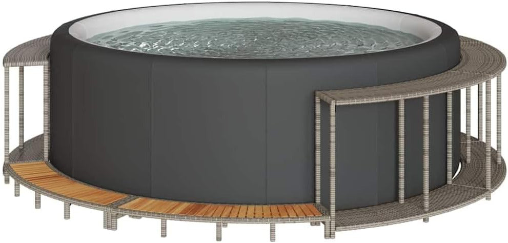 Pool & Spa Hot Tub Surround with Storage and Wooden Step Grey Poly RattanHome & Garden - QUORE