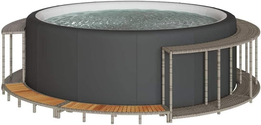 Pool & Spa Hot Tub Surround with Storage and Wooden Step Grey Poly RattanHome & Garden - QUORE