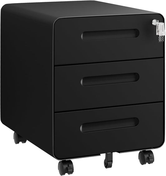 Rollcontainer, mobiele archiefkast, afgeronde hoek, 3 laden, 40 x 46 x 48,6 cm, zwart OFC033B01HI