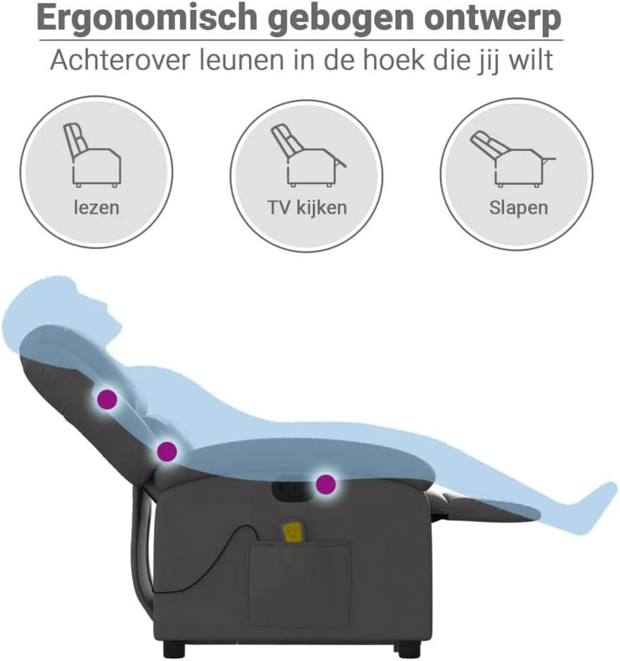 Massagestoel – Verstelbare Fauteuil – Sta-Op Stoel – Relaxstoel – Eenpersoonsstoel – Echt Leer – Elektrische Heffunctie – 6 Vibratie-Massagepunten