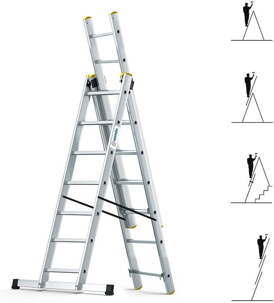 Hostrom Ladder, 3 planken, 3 x 7 treden, aluminium, uittrekbaar, 6 posities, max. werkhoogte 5,00 m, 5 jaar garantie