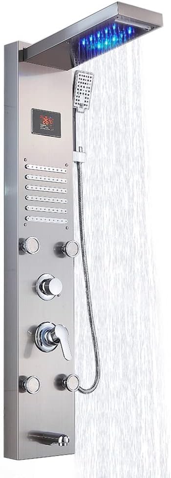 Douchepaneel – Douchekolom – Regendouche – Massage Douche – Handdouche – Roestvrijstaal Geborsteld – 8 Functies Inclusief Massage Nozzles – LED Verlichting & Temperatuurdisplay