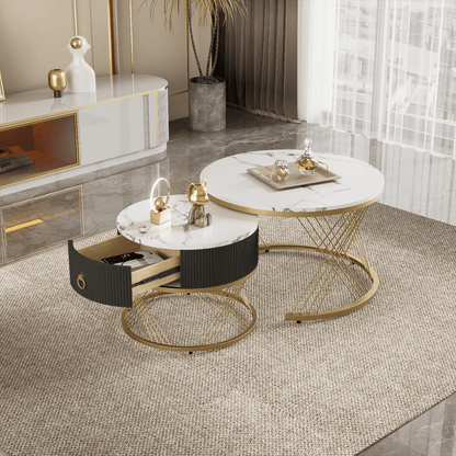 Salontafel – Koffietafel – Bijzettafel – Tafeltje – Woonkamertafel – Wit MDF Met Gouden Accenten – 2-Delige Set Met Lade En Verstelbare Pootjes