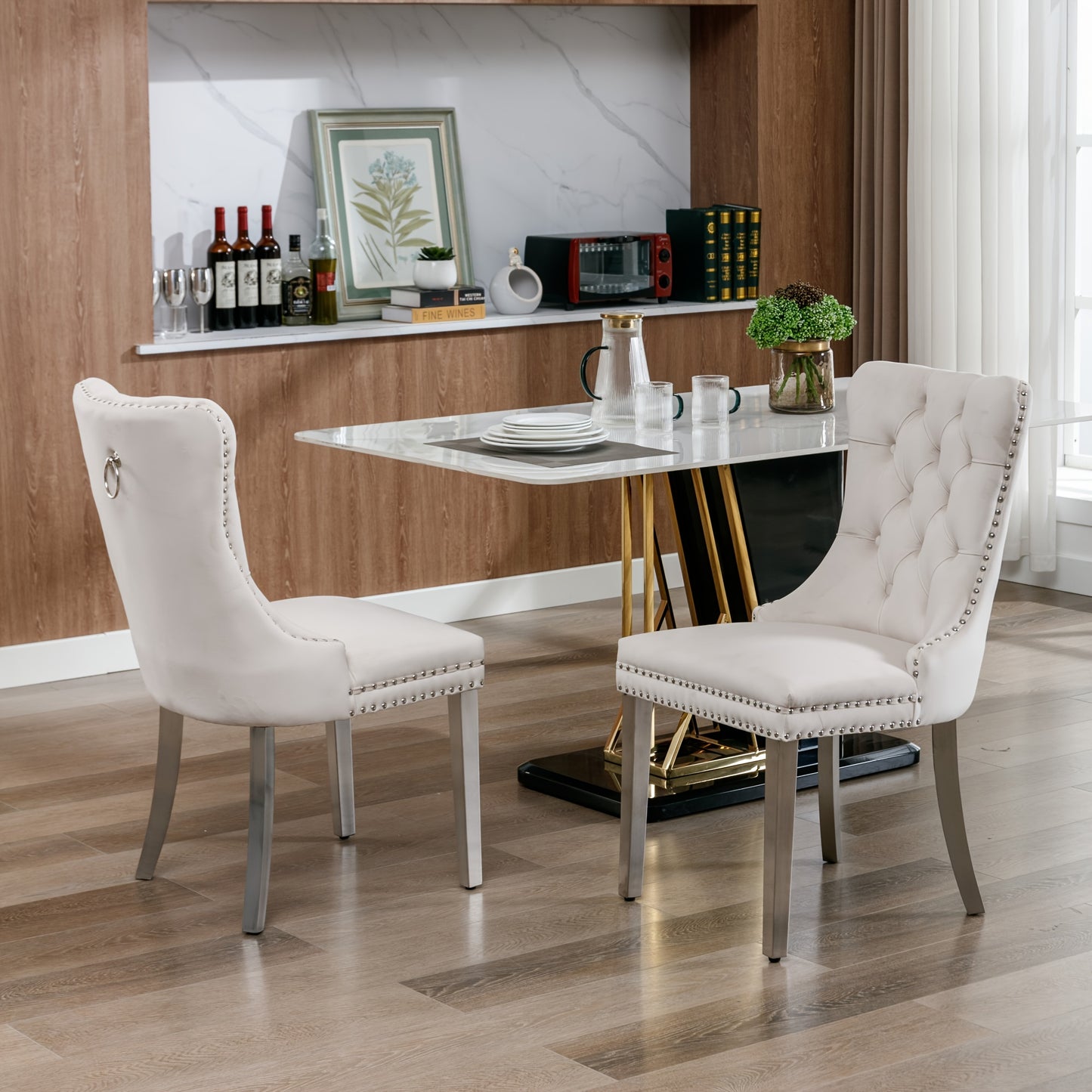 Set of 2 Modern Luxury Tufted Solid Wood Frame Dining Chairs with Beige Velvet Upholstery, Chrome Stainless Steel Legs & Nailhead Trim - Contemporary Classic Design, Plush Cushioned Seats for Elegant Home or Formal Dining Roo