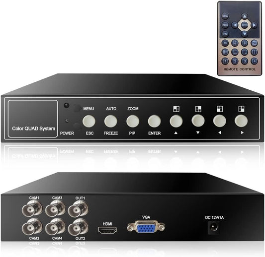 4 kanalen 1080p HD video quad videoprossor videobeeldschakelaar voor AHD CVI TVI CCTV bewakingscamera met functies van digitale zoom, bevriezen meerdere video's, alarm bij videoverlies