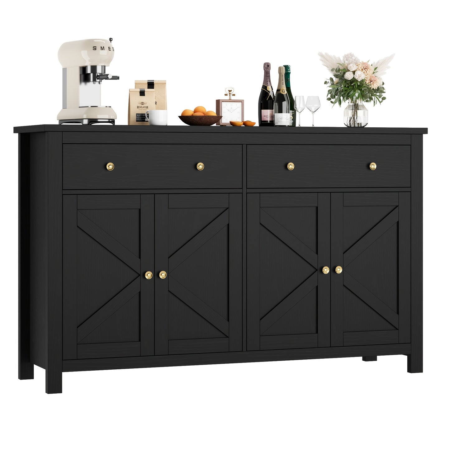 Opbergkast – Kasten – Buffetkast – Ladekast – Dressoir – Zwart-Gouden Design – Verstelbare Planken – Robuuste Houten Constructie