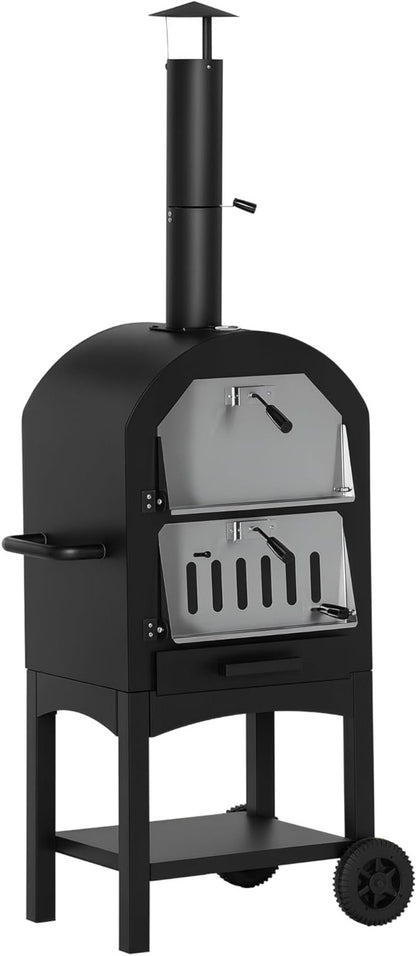 Outsunny 2-in-1 Outdoor Pizza Oven with Rolls Grill Oven with Protective Cover Pizza Shovel 2 Grill Nets Grill Trolley with Fireplace 63-Layer Wood Oven for BBQ Steel Black + Silver 54 x 161 x 161 cm - QUORE