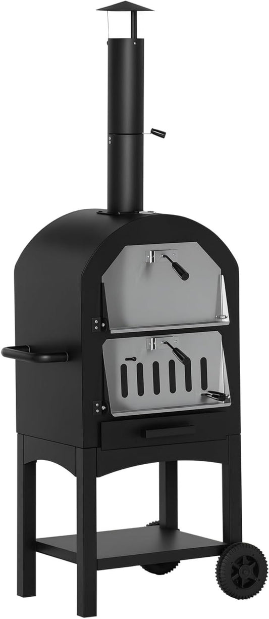 Outsunny 2-in-1 Outdoor Pizza Oven with Rolls Grill Oven with Protective Cover Pizza Shovel 2 Grill Nets Grill Trolley with Fireplace 63-Layer Wood Oven for BBQ Steel Black + Silver 54 x 161 x 161 cm - QUORE