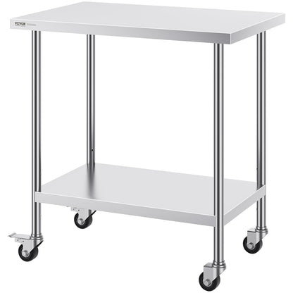 VEVOR Roestvrijstalen werktafel 61 x 90 x 90 cm, met 4 wielen, 3 verstelbare hoogteniveaus, zware werktafel voor voedselvoorbereiding voor commercieel keukenrestaurant, zilver