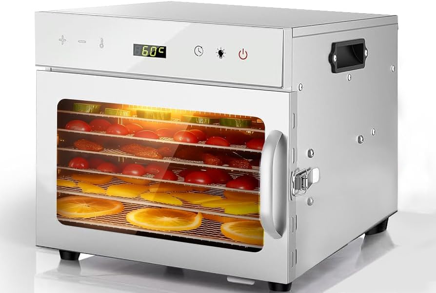 Fruitdroger van roestvrij staal, met 6 planken en gratis receptenboek, BPA-vrij, temperatuurinstelling 30-90 °C, max. 24 uur, droogapparaat voor groenten, vlees, chili, 400 watt