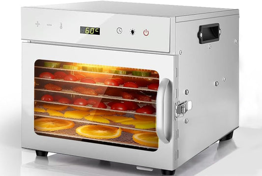 Fruitdroger van roestvrij staal, met 6 planken en gratis receptenboek, BPA-vrij, temperatuurinstelling 30-90 °C, max. 24 uur, droogapparaat voor groenten, vlees, chili, 400 watt