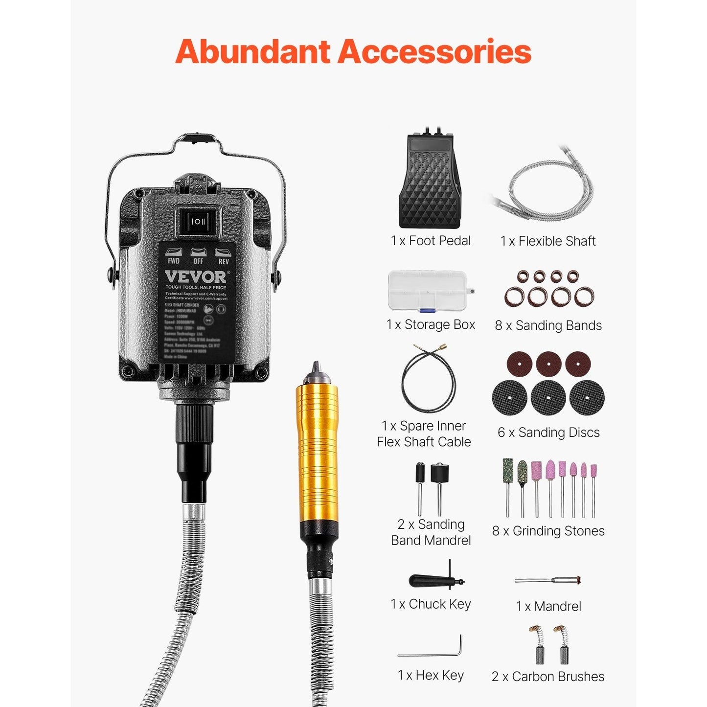 Flex Shaft Slijpmachine – Graveermachine – Polijstmachine – Slijptol – Boormachine – 1000W Motor – 30.000 RPM Snelheid – Voetpedaalbediening – Compleet Accessoirepakket