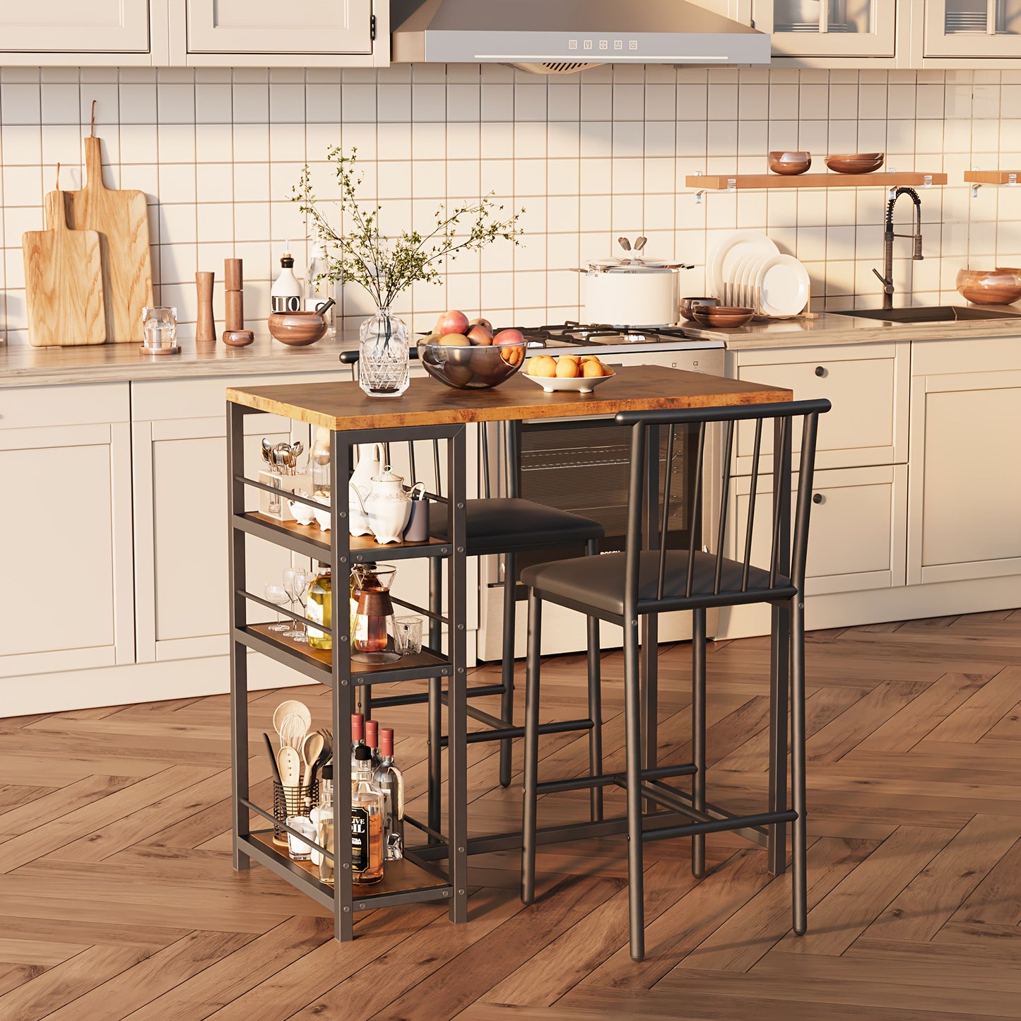 Eettafelset – Eettafel – Keukentafel – Eetkamerset – Zitgroep – 3-Delig – Donkerbruin Hardhout – Compact Met Opbergruimte