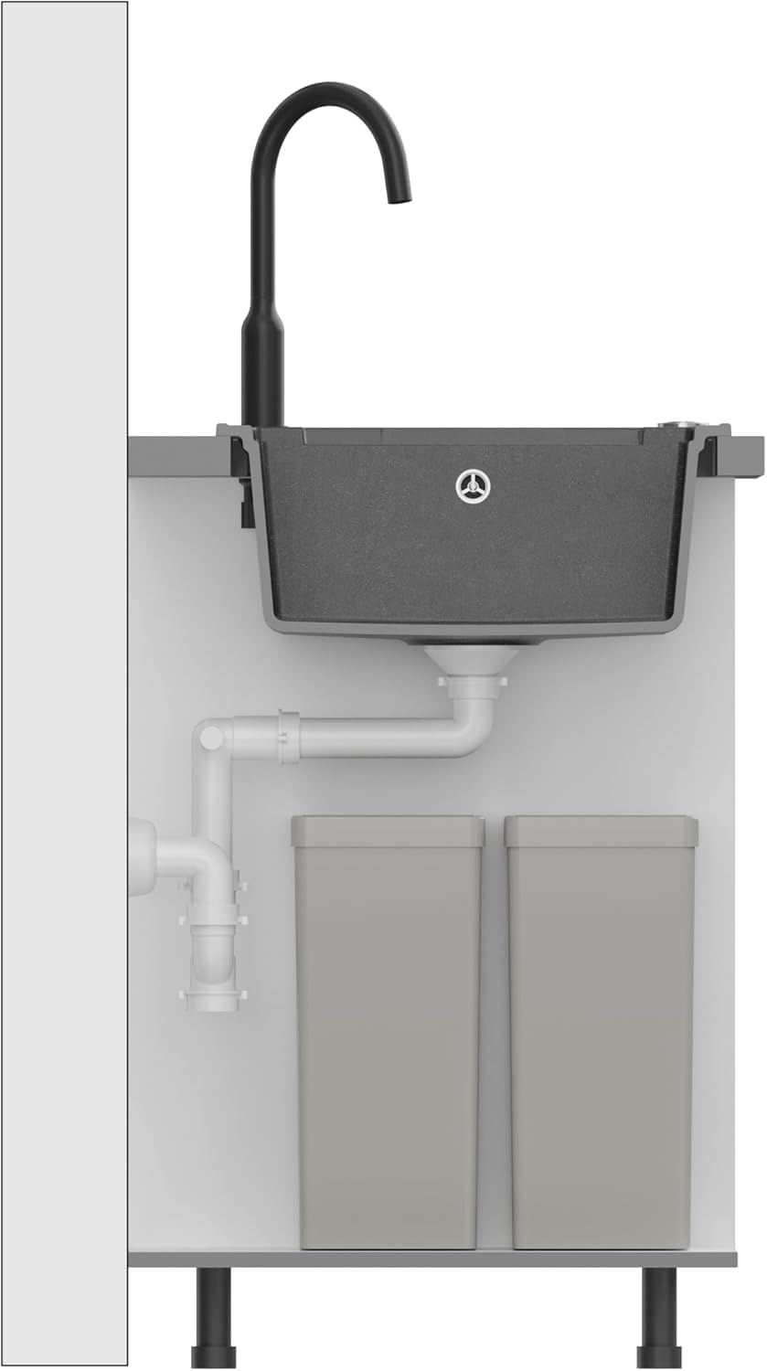 QUADRON Dubbele spoelbak wit, EVAN 121 GraniteQ, keukenspoelbak, 2 granieten bakken 1160 x 500 x 210 mm, open spoelbak Push 2 met sifon met afdruiprek, PVD-koperen elementen