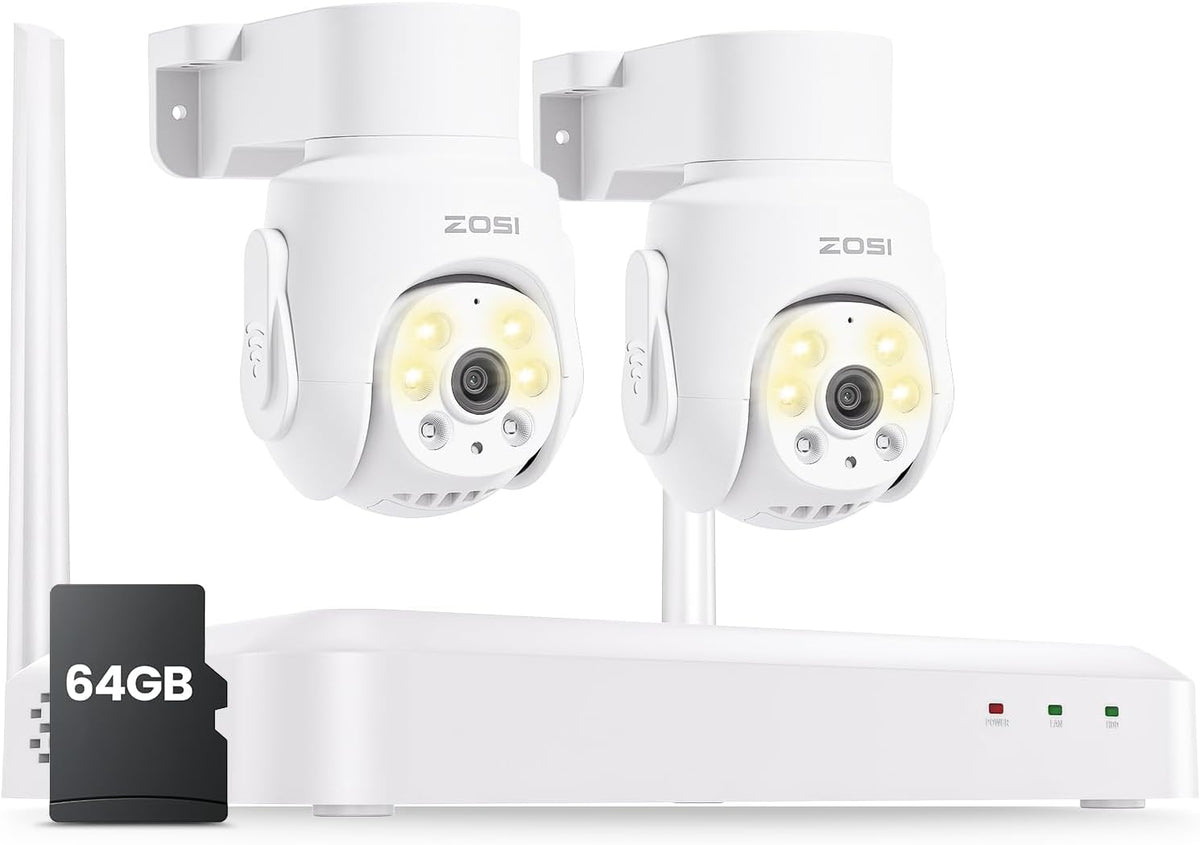 ZOSI 5MP Bewakingscamerakit WiFi 6 voor Buiten, 8CH 3K Draadloze NVR-Recorder met 64 GB Geheugenkaart en 2x 360° Pan/Tilt Beveiligingscamera, Persoonsdetectie en -Tracking, Audio