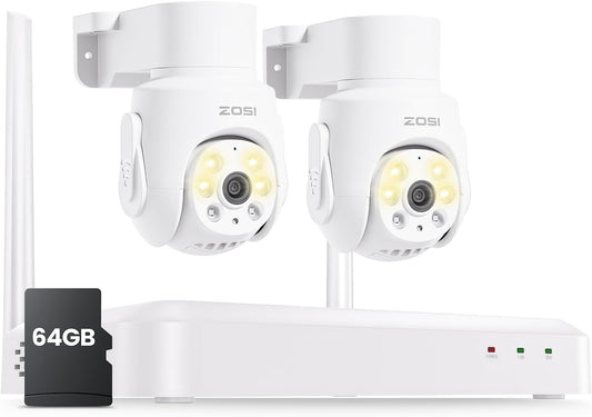 ZOSI 5MP Bewakingscamerakit WiFi 6 voor Buiten, 8CH 3K Draadloze NVR-Recorder met 64 GB Geheugenkaart en 2x 360° Pan/Tilt Beveiligingscamera, Persoonsdetectie en -Tracking, Audio