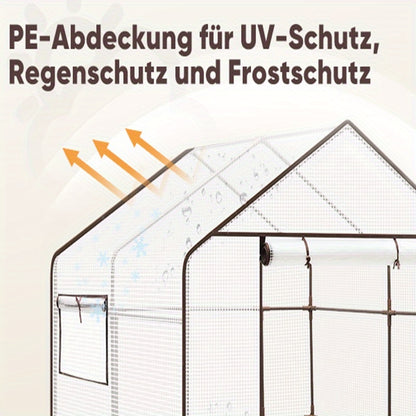 Meerlaagse Kas – Standaard Kas – Plantenkas – Balkon Kas – Tuinkas – Roestvrij Staal Frame – 10 Verstelbare Planken – Ademend PE-Materiaal – Ventilatieopeningen – 145x145x200 cm – Witte Variant