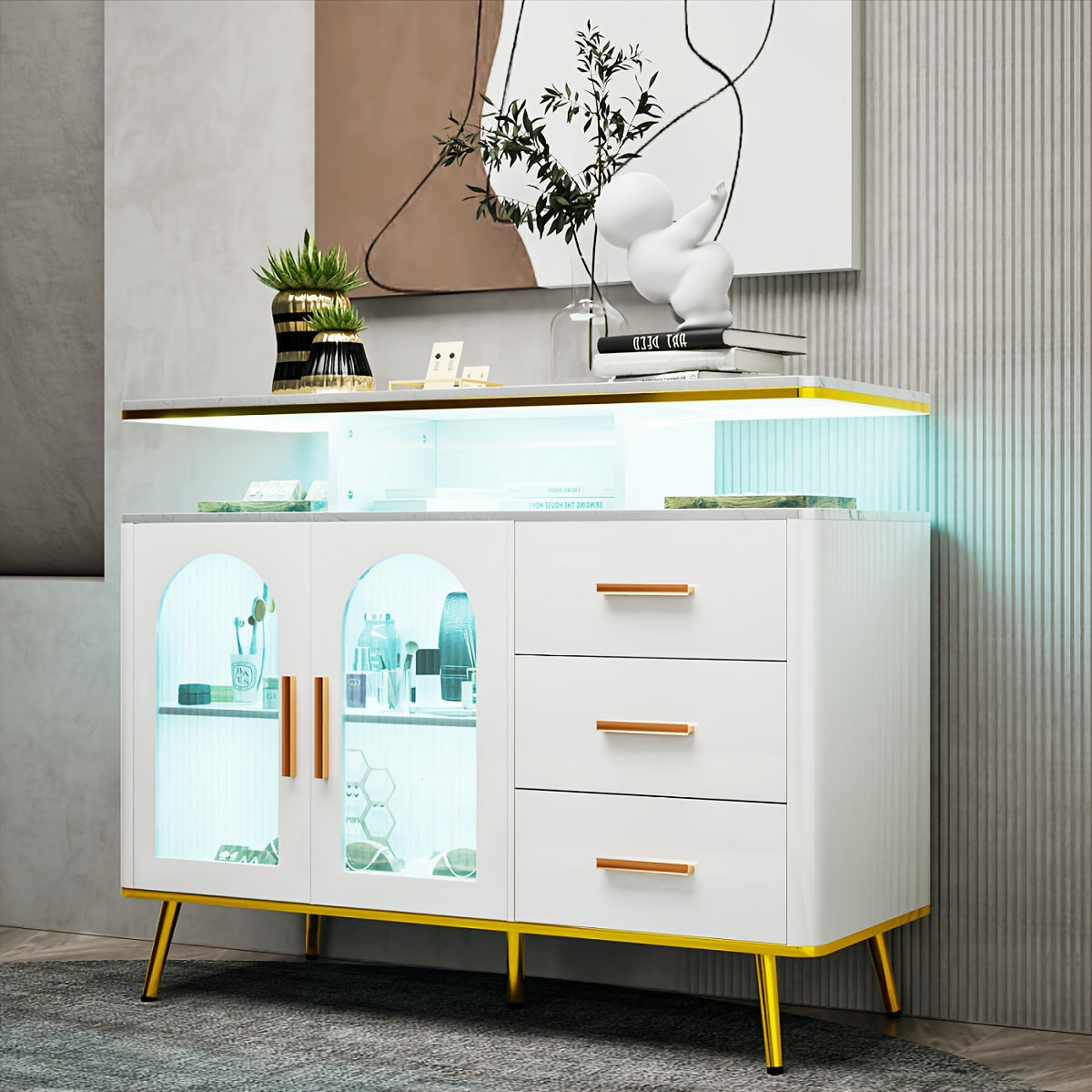 Dressoir – Sideboard – Opbergkast – Buffetkast – Ladekast – Modern Wit – 100 cm Breed – Glazen Deuren Met 3 Lades – MDF Met Metalen Frame