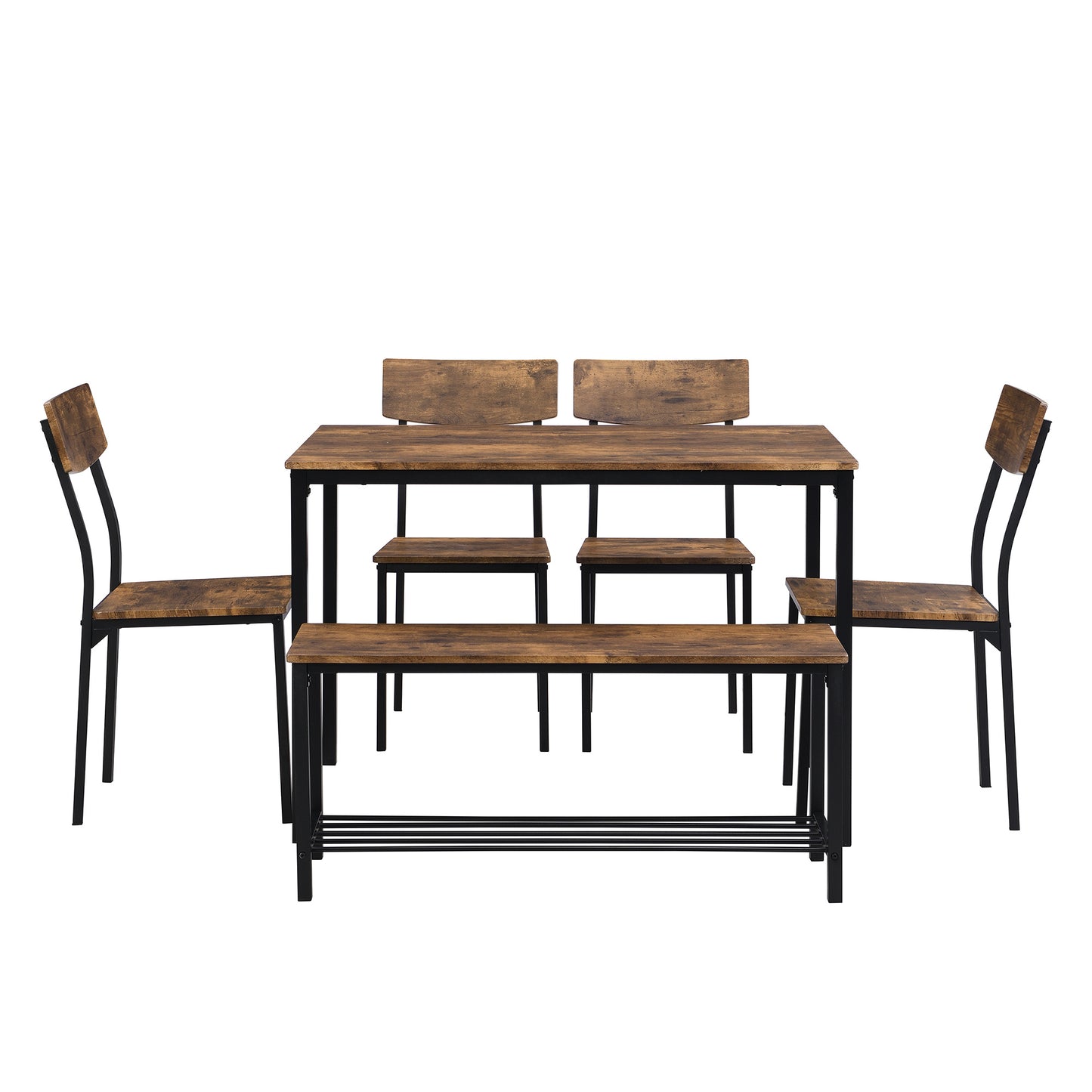 Eettafelset – 6-Delige Diningset – Stoelenset – Bank En Tafel – Houten Eettafel – Industrieel Design – Duurzaam MDF En Stalen Frame – Compact Met Opbergruimte