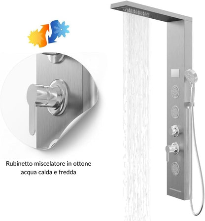 Douchepaneel Shine staal 4 functies LED-licht display temperatuureffect regen waterval antikalk (geborsteld chroom)