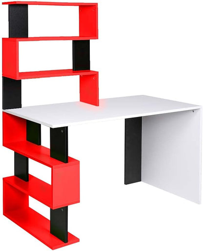 BAKAJI Bureau met dubbele boekenkast, 7 planken, werktafel, pc-computer, frame en tafelblad van MDF-hout, meubels voor thuis, kantoor, slaapkamer, modern design, 120 x 60 x 148 cm (rood)