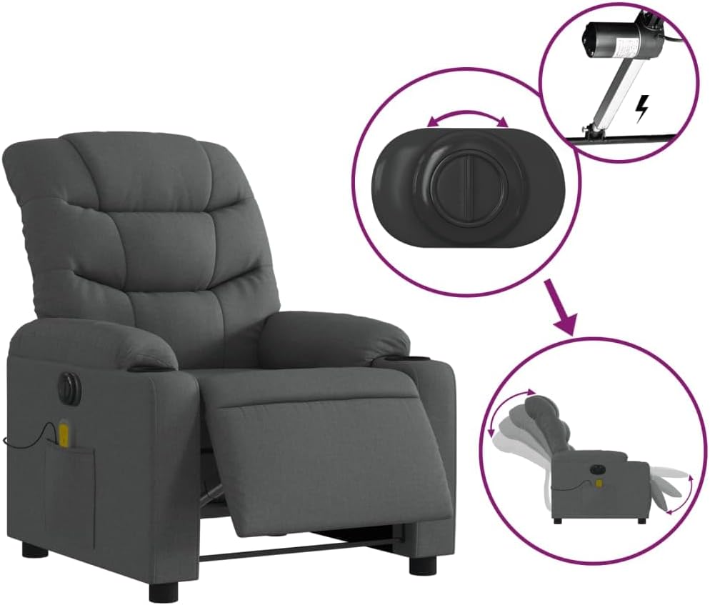 Elektrische Relaxstoel – Fauteuil – Massagestoel – Ligstoel – Wellnessstoel – 6-Punts Trillingsmassage – Stabiel Hout-Metaal Frame – Donkergrijze Stof – Groot Zitvlak – USB Bediening