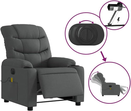 Elektrische Relaxstoel – Fauteuil – Massagestoel – Ligstoel – Wellnessstoel – 6-Punts Trillingsmassage – Stabiel Hout-Metaal Frame – Donkergrijze Stof – Groot Zitvlak – USB Bediening